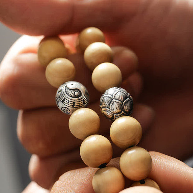 Buddha Stones Tibet Peach Wood Lotus Cinnabar Bagua Yin Yang Luck Wealth Bracelet Bracelet BS 5