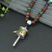Buddha Stones Tibetan Om Mani Padme Hum Prayer Wheel Rotation Vajra Wood Necklace Pendant Necklaces & Pendants BS Gold Prayer Wheel
