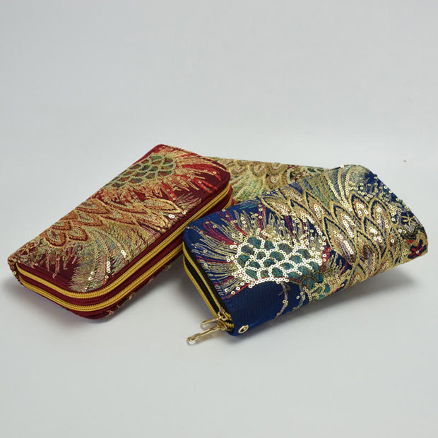 Buddha Stones Peacock Double-sided Embroidery Cash Holder Wallet Shopping Purse Bag BS 3