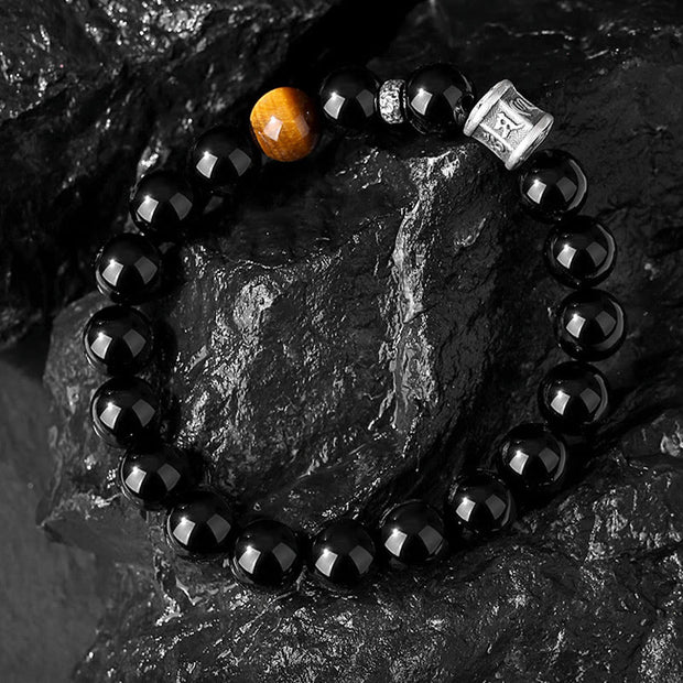 Buddha Stones 999 Sterling Silver Black Obsidian Tiger Eye Om Mani Padme Hum Fulfillment Bracelet Bracelet BS 2