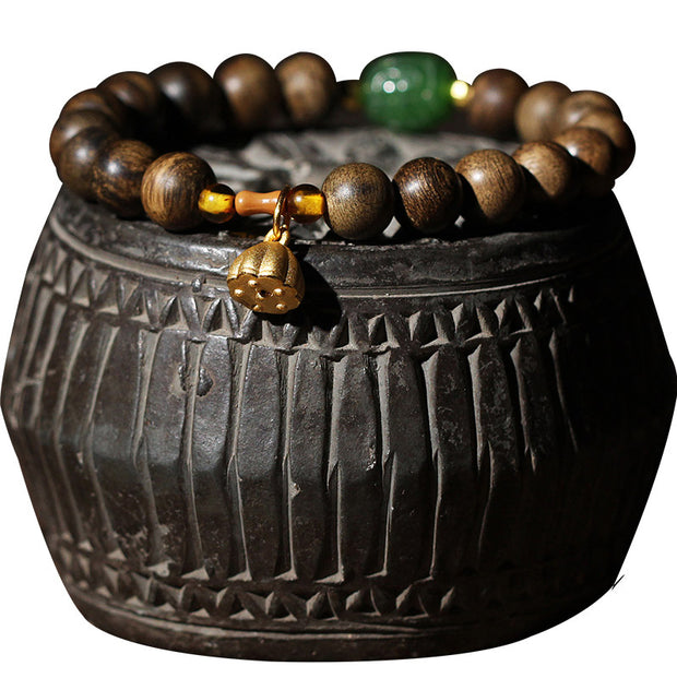 Buddha Stones 999 Gold Brunei Agarwood Cyan Jade Lotus Flower Peace Strength Bracelet Bracelet BS 22
