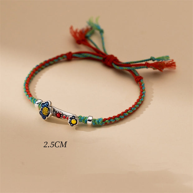 Buddha Stones 999 Sterling Silver Ruyi Handle Fu Character Handmade Luck Braided Bracelet