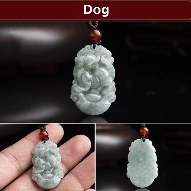 Buddha Stones Natural Jade 12 Chinese Zodiac Sucess Pendant Necklace Necklaces & Pendants BS Dog