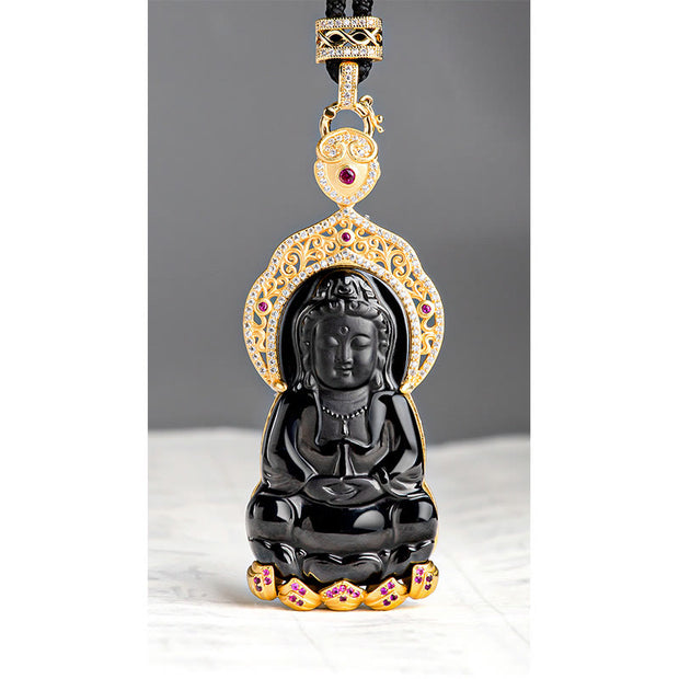 Buddha Stones 925 Sterling Silver Natural Black Jade Kwan Yin Avalokitesvara Wealth Necklace Pendant Necklaces & Pendants BS 7