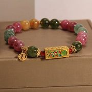 Buddha Stones Colorful Tourmaline Positive Fu Character Charm Bracelet