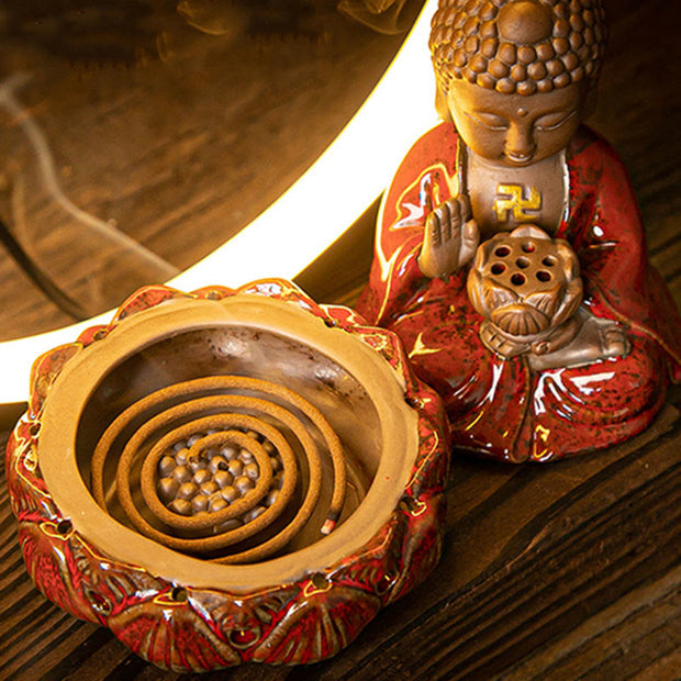 Buddha Stones Buddha Lotus Backflow Smoke Fountain Ceramic Blessing Incense Burner With Light Decoration Incense Burner BS 4