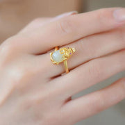 Buddha Stones 18k Gold-plated Pixiu Jade Wealth Ring Rings BS 11