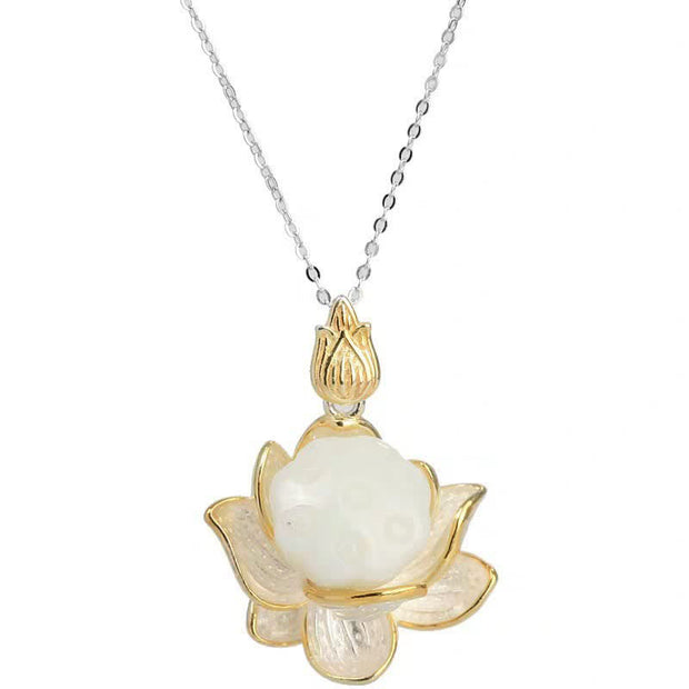 Buddha Stones White Jade Lotus Flower Happiness Necklace Necklaces & Pendants BS 8