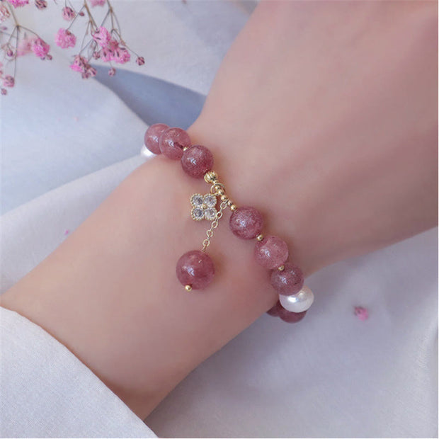 Buddha Stones Natural Strawberry Quartz Pearl Four Leaf Clover Love Bracelet