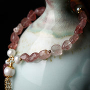 Buddha Stones Natural Strawberry Quartz Pearl 14k Gold Plated Love Healing Bracelet Bracelet BS 2
