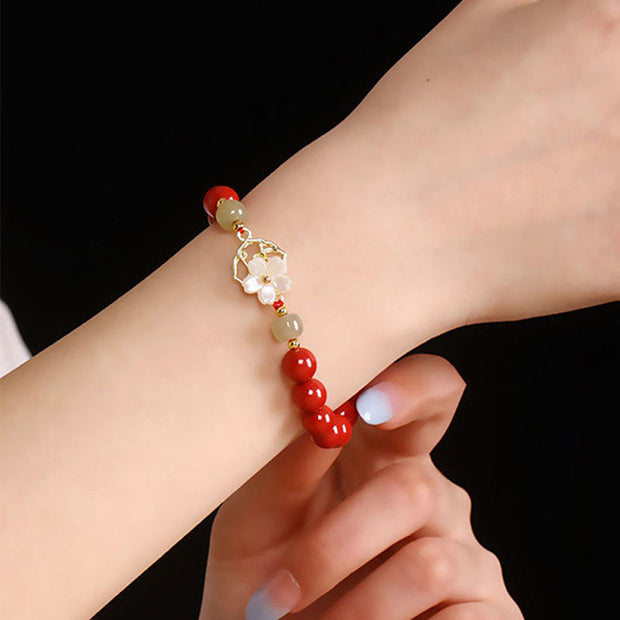 Buddha Stones Natural Cinnabar Jade Beaded Tridacna Stone Flower Blessing Bracelet Bracelet BS 14