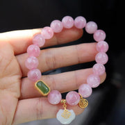 Buddha Stones 925 Sterling Silver Natural Madagascar Rose Quartz Hetian Jade Wish Lock Peace Bracelet Bracelet BS 3