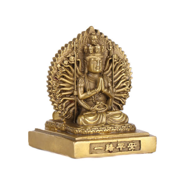 Buddha Stones Chenrezig Thousand-handed Avalokitesvara Figurine Double-sided Kuan Yin Bodhisattva Protection Solid Copper Statue Decoration