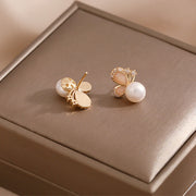 Buddha Stones 18K Gold Pearl Butterfly Love Freedom Stud Earrings Earrings BS 5