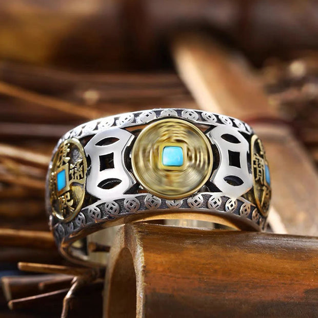 Buddha Stones Feng Shui Five Emperor Coins Turquoise Wealth Ring