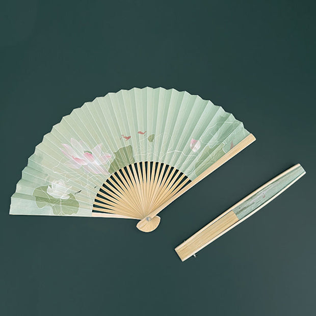 Buddha Stones Lotus Flowers Leaf Koi Fish Handheld Paper Bamboo Folding Fan Folding Fan BS 3