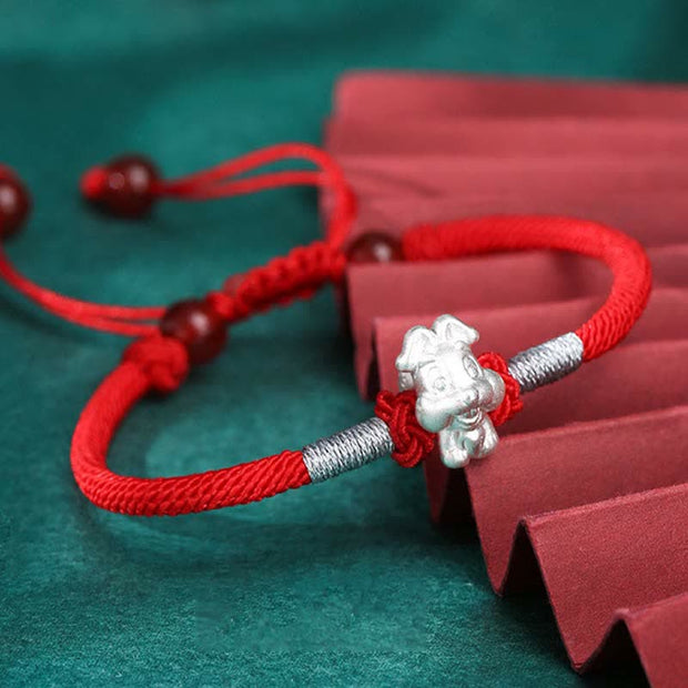 Buddha Stones 999 Sterling Silver Chinese Zodiac Luck Strength Red String Bracelet Bracelet BS Rabbit(Bracelet Size 15.5cm+8cm)