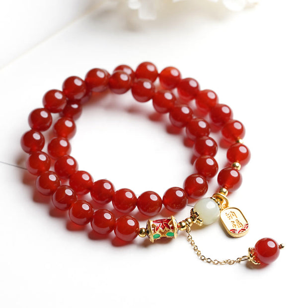 Buddha Stones Natural Red Agate Hetian Jade Fu Character Confidence Charm Bracelet Bracelet BS Red Agate Double Wrap Bracelet&Fu Character
