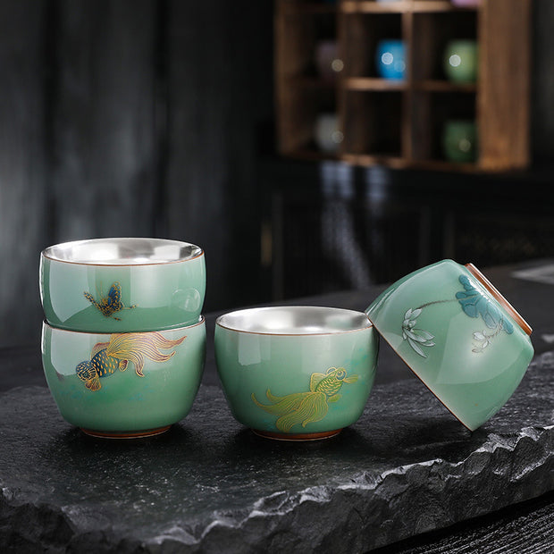 Buddha Stones 999 Sterling Silver Gilding Butterfly Goldfish Lotus Koi Fish Ceramic Teacup Kung Fu Tea Cup 120ml Cup BS main