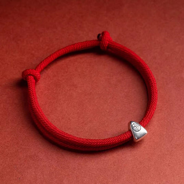 Buddha Stones 925 Sterling Silver Fu Character Blessing Handmade Braided Bracelet Bracelet BS Red