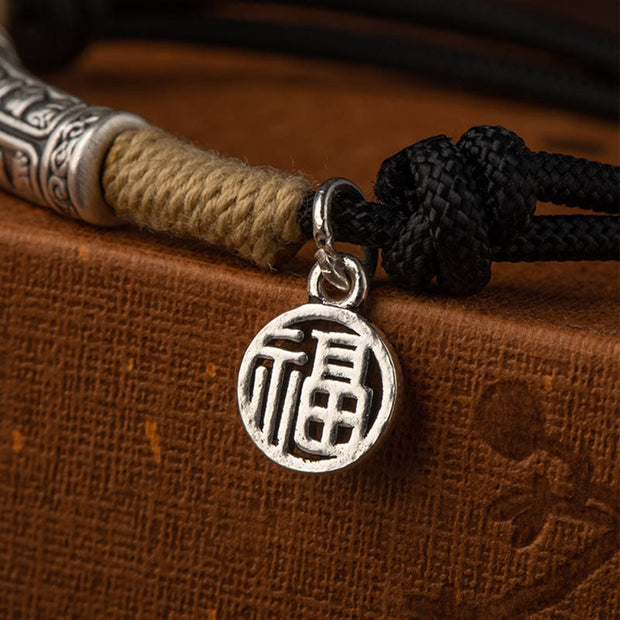 Buddha Stones 999 Sterling Silver Tibet Handmade Om Mani Padme Hum Fu Character TopRank Character Luck Braided Bracelet Bracelet BS 5