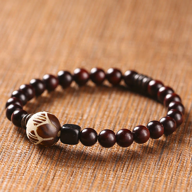 Buddha Stones Small Leaf Red Sandalwood Lotus Bodhi Seed Carved Protection Double Wrap Bracelet