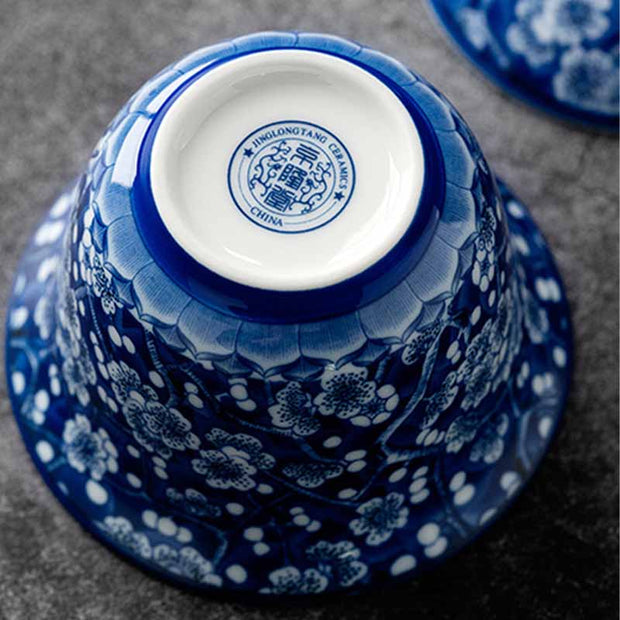 Buddha Stones Plum Blossom Blue And White Porcelain Ceramic Gaiwan Sancai Teacup Kung Fu Tea Cup And Saucer With Lid 185ml