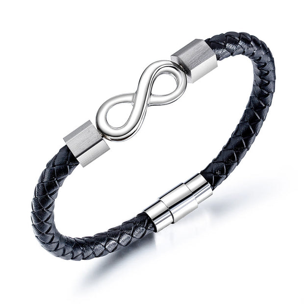 Buddha Stones Endless Knot Titanium Steel Infinity Leather Weave Balance Bracelet Bracelet BS Silver Endless Knot 23cm for Weight Above 75kg