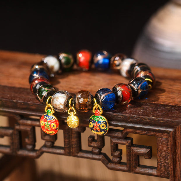 Buddha Stones Five Elements Gold Swallowing Beast Family Charm Liuli Glass Bead Luck Bracelet
