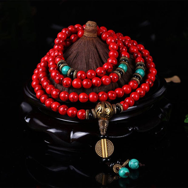Buddha Stones Tibetan Mala Red Turquoise Lucky Necklace Bracelet Mala Bracelet BS 8mm*108