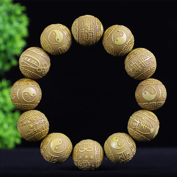 Buddha Stones Chinese Zodiac Rosewood Ebony Boxwood Copper Coin PiXiu Carved Warmth Bracelet Bracelet BS Boxwood Yin Yang Twelve Blessings