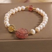 Buddha Stones Natural Pearl Strawberry Quartz Cute Paw Cat Claw Loyalty Bracelet