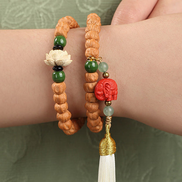Buddha Stones Bodhi Seed Green Sandalwood Lotus Dzi Bead Peace Double Wrap Bracelet