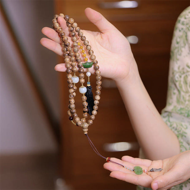 Buddha Stones Natural Agarwood Amber Jade Ingot Tassel Ruyi Charm Bracelet Bracelet BS 1