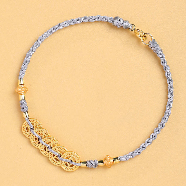 Buddha Stones Copper Coin Fortune Tree Pearl Luck Blue Rope Braided Bracelet
