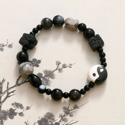 Buddha Stones Black Onyx Picasso Jasper Bead Yin Yang Fortune Protection Bracelet Bracelet BS YIN YANG SYMBOL(Balance♥Harmony)