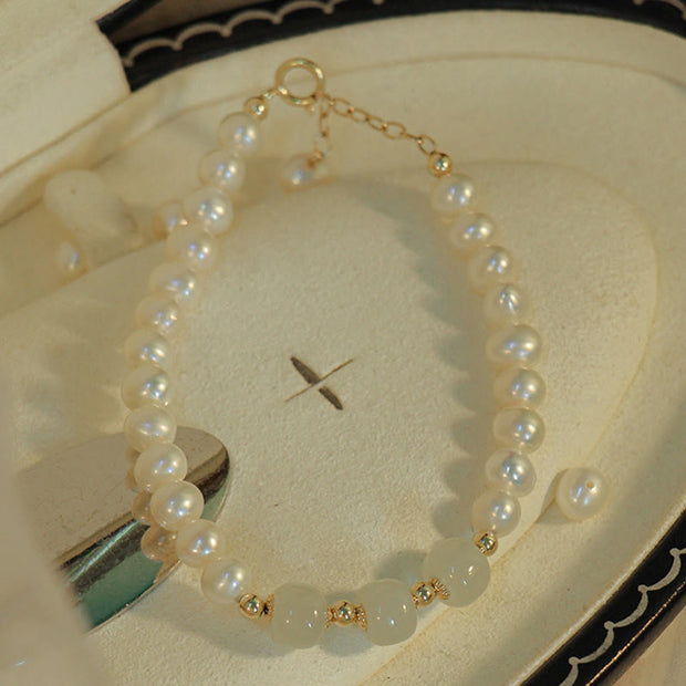 Buddha Stones 14K Gold Plated Natural Pearl Hetian Cyan Jade White Jade Sincerity Bead Chain Bracelet Bracelet BS 13