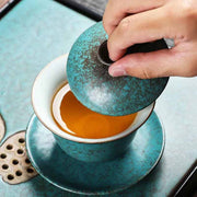 Buddha Stones Traditional Pine Tree Green Ceramic Gaiwan Sancai Teacup Kung Fu Tea Cup And Saucer With Lid