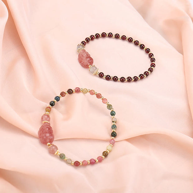 Buddha Stones Natural Tourmaline Garnet Strawberry Quartz PiXiu Moonstone Protection Bracelet Bracelet BS 10