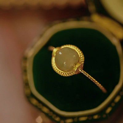 Buddha Stones 14K Gold Plated Round Jade Luck Prosperity Adjustable Ring Ring BS Jade(Prosperity♥Abundance)