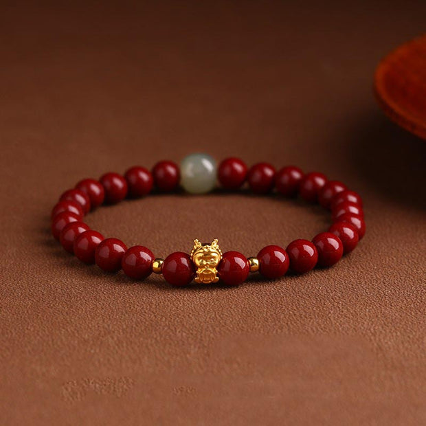 Buddha Stones 999 Gold Year of the Dragon Natural Cinnabar Jade Copper Coin Fu Character Blessing Bracelet