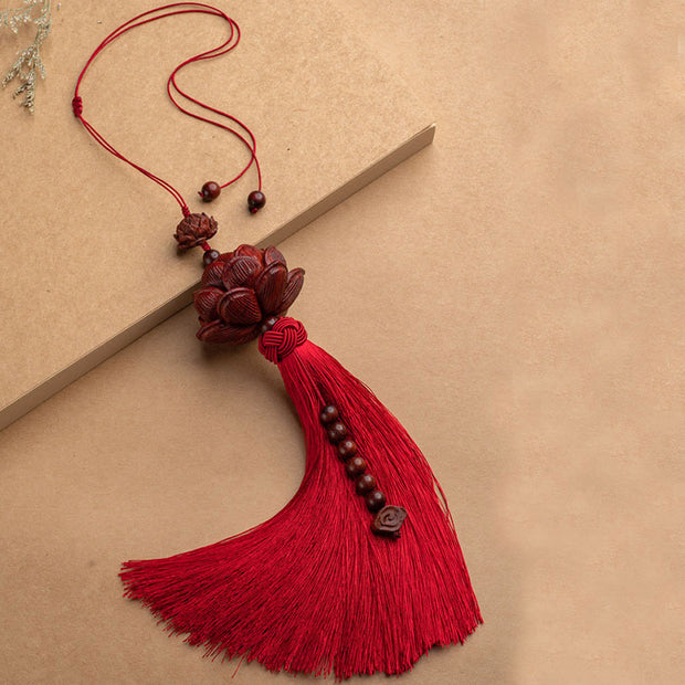 Buddha Stones Tibetan Small Leaf Red Sandalwood Lotus Luck Protection Tassel Decoration Decorations BS Red Decoration