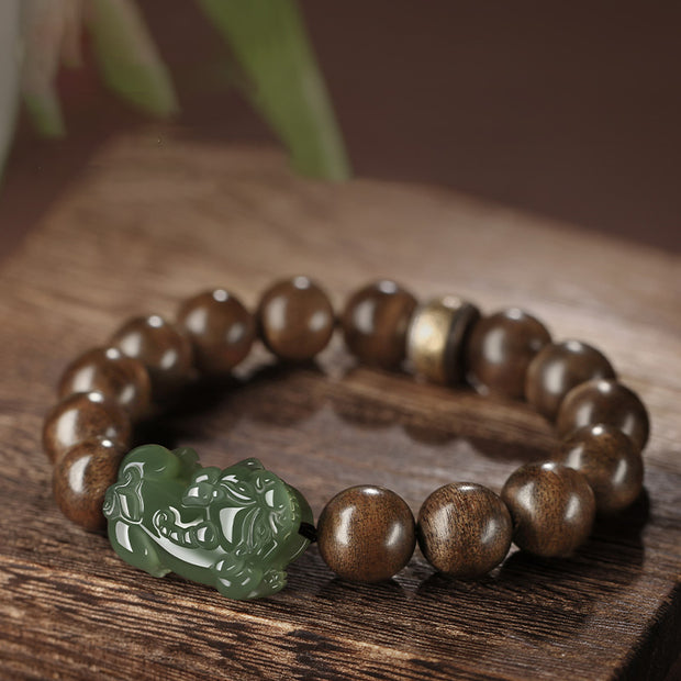 Buddha Stones 925 Sterling Silver Brunei Agarwood PiXiu Jade Peace Strength Bracelet Bracelet BS 9