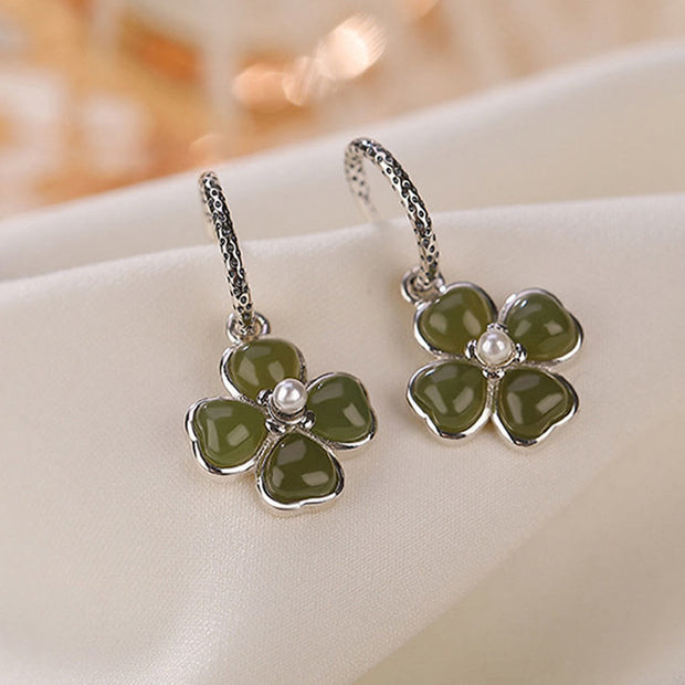Buddha Stones 925 Sterling Silver Natural Cyan Jade Four Leaf Clover Luck Success Earrings Earrings BS 9