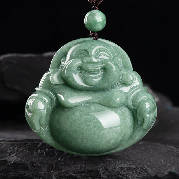 Buddha Stones Laughing Buddha Cyan Jade Harmony Necklace String Bead Pendant Necklaces & Pendants BS Cyan Jade