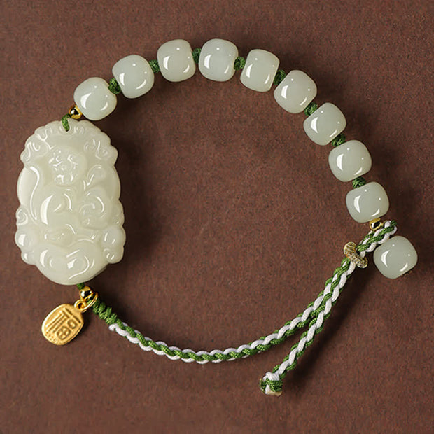 Buddha Stones 925 Sterling Silver Chinese Zodiac Hetian Jade Happiness Luck String Bracelet Bracelet BS Monkey