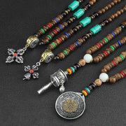 Buddha Stones Tibetan Om Mani Padme Hum Prayer Wheel Rotation Vajra Wood Necklace Pendant Necklaces & Pendants BS 20