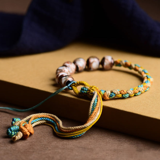 Buddha Stones Handmade Multicolored Rope Liuli Glass Bead Fortune Braided Bracelet