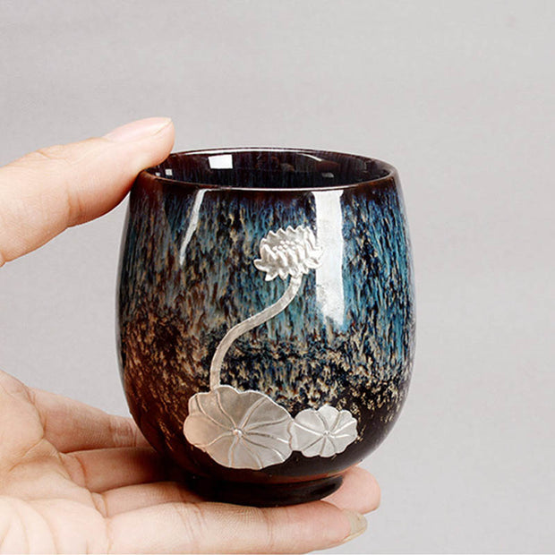Buddha Stones Silver Lotus Flower Leaf Chinese Jianzhan Ceramic Teacup Kung Fu Tea Cup 150ml
