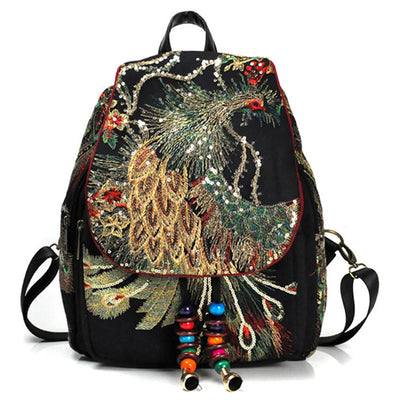 Buddha Stones Peacock Embroidery Canvas Tassel Backpack Backpack BS Black Peacock